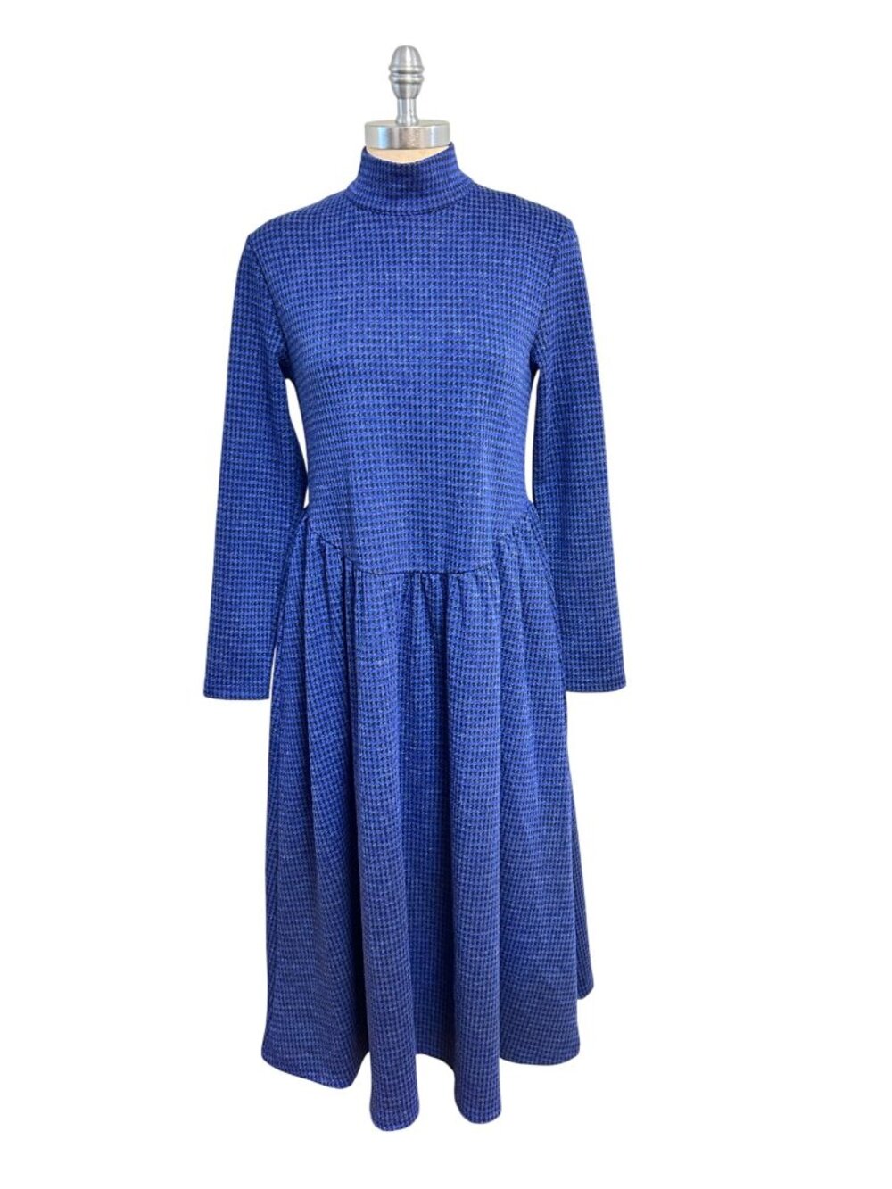 Tyler Boe Blue Houndstooth Mock Neck Long Sleeve Dress Small  NWT
